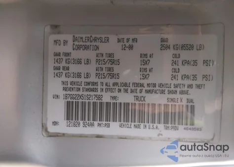 2001 Dodge Dakota Slt/Sport z USA, uszkodzony, nr VIN 1B7GG22X51S217582